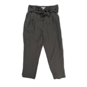 H&M Womens Paperbag Waist Pants Size 10 Olive Green Straight Leg Tie Belt Career